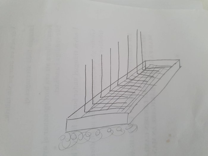 Handritad skiss av en L-formad stödmur med armeringsjärn och armeringsmatta.