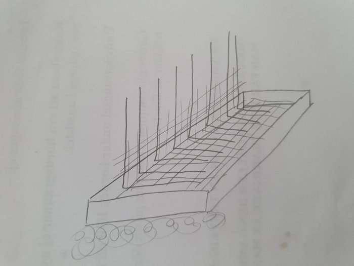 Handritad skiss över armeringsplan för L-stöd till stödmur med markerad svag punkt.