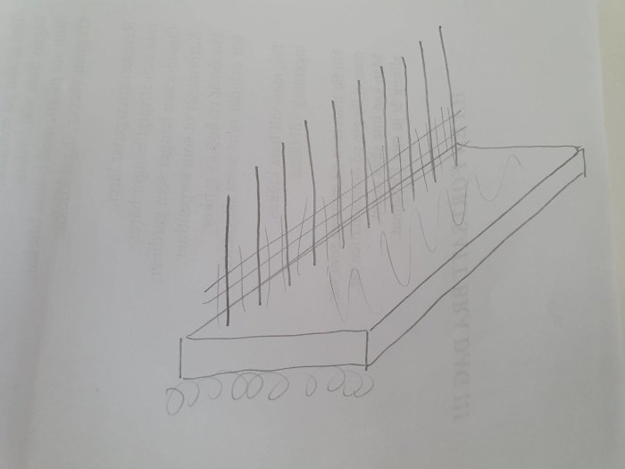 Skiss av gjutning av L-formad stödmur med markerad svag punkt och armeringsjärn.