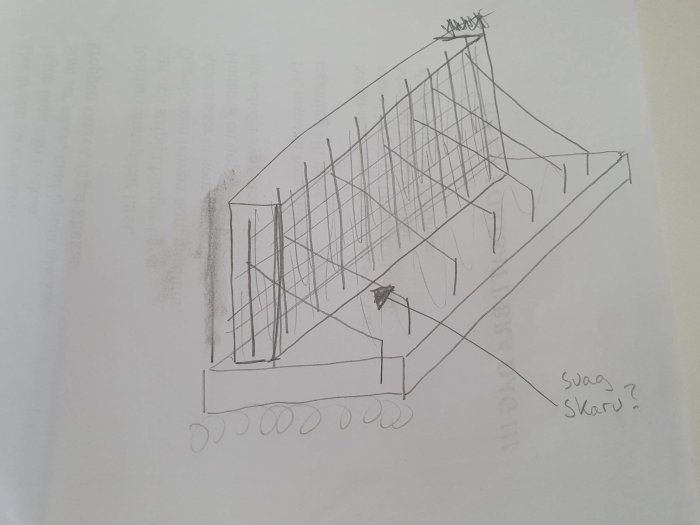 Handritad skiss av en konstruktionsidé för en stödmur med markering av tänkt svag punkt och armeringsdetaljer.