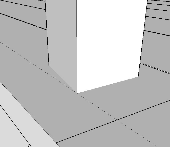 3D-skiss av trädäck med streckad linje som visar trallbrädans riktning och en stolpe ej i 90 grader mot bärlinor.