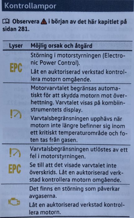 Bild på ett avsnitt i bilens instruktionsbok om kontrollampor, varnar för EPC och motorstyrningsfel.