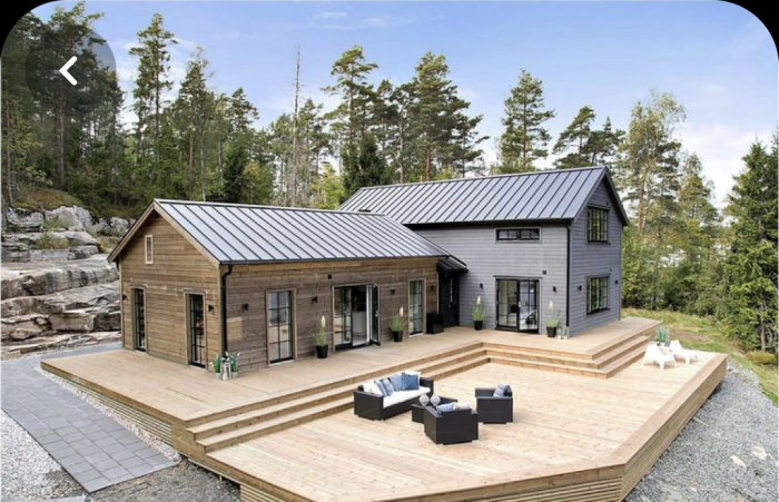 Modern villa med blandad trä och mörk putsfasad omgiven av stor trädäck och skogig terräng.