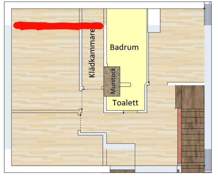 Planlösning av ett hus med markerade pelare och balk i klädkammaren bredvid badrummet, för diskussion om konstruktionen.