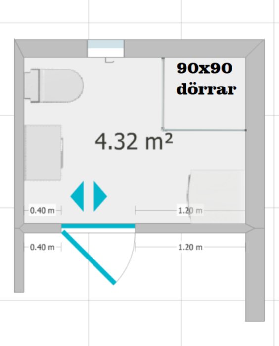 Ritning av ett litet badrum med planerad flytt av en 90x90 dörröppning för mer utrymme.
