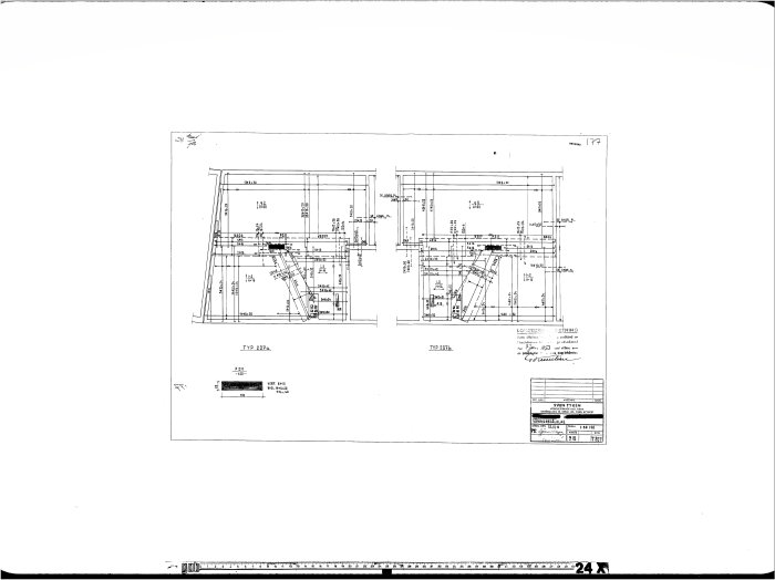 Arkitektonisk ritning av en byggnadssektion med mått och detaljer, möjligen relevant för konstruktörsutlåtande.