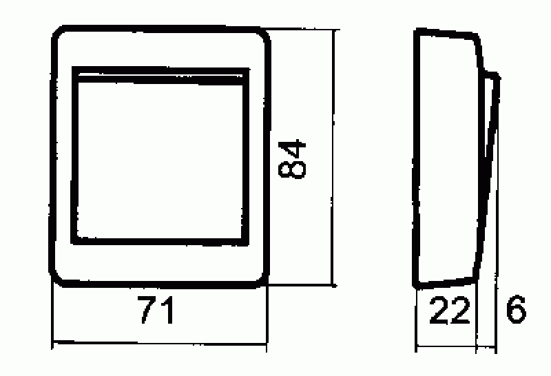 Teknisk ritning av en strömbrytare med måttangivelser: framsida och profilvy inklusive utstick 22mm.