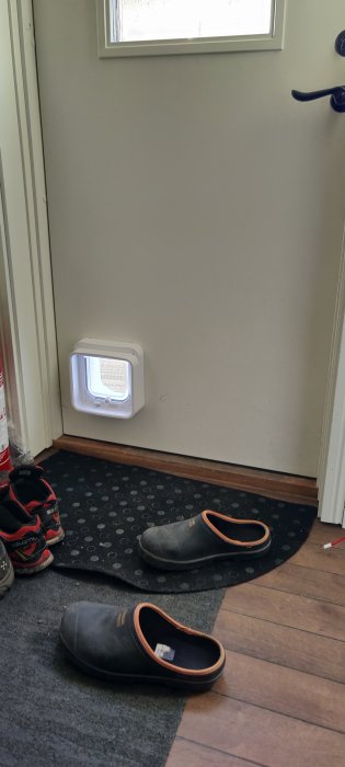 Kattlucka nyligen monterad i en husdörr, med skor på en dörrmatta i förgrunden.
