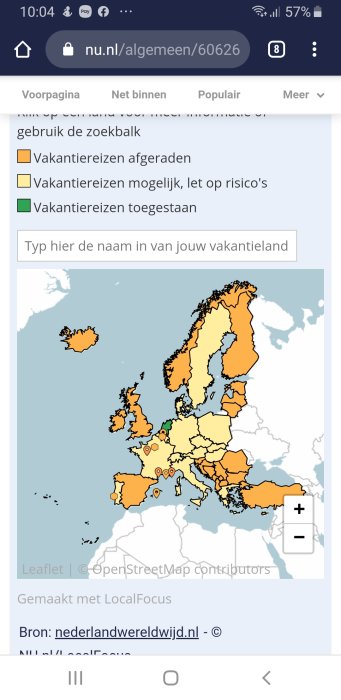 Karta över Europa som visar Hollands reseklassificeringar med Sverige markat som säkert.