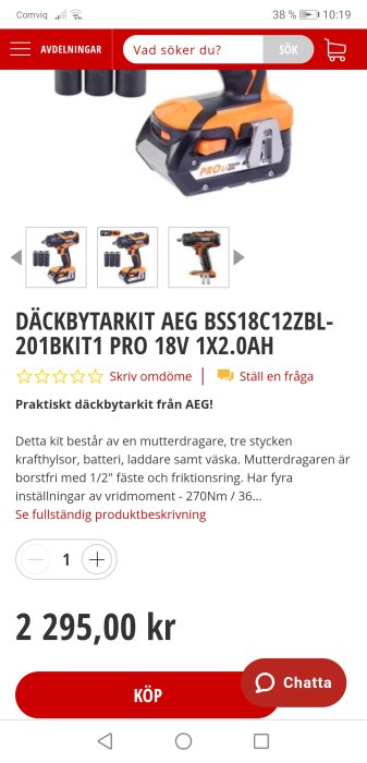 AEG däckbytarkit med mutterdragare, batteri, laddare och väska, pris och köpknapp synliga.