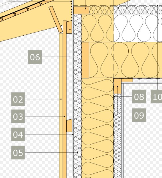 Sektionsritning av en ytterväggskonstruktion med lockpanel, bottenbräda och vindduk.