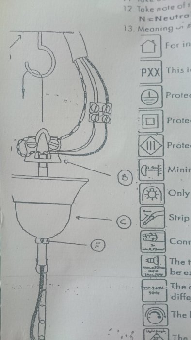 Instruktionsmanual för montering av taklampa med jordkabel ansluten till hängare.