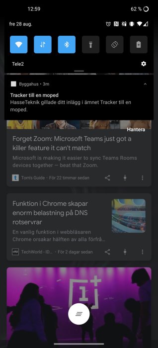 Skärmdump av en smartphone-notispanel med fyrkantig ikon istället för ByggaHus-appikonen, på en OnePlus 8 Pro.