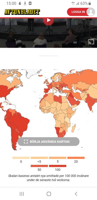 Världskarta som visar antalet nya smittade per 100 000 invånare med olika färgskalor.