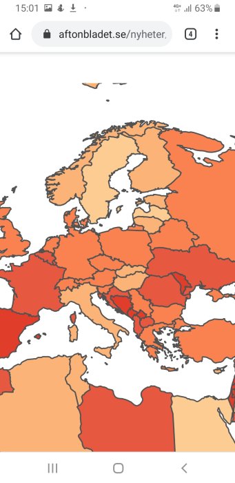Kartbild som visar smittläget med olika färgkodade regioner i Europa.