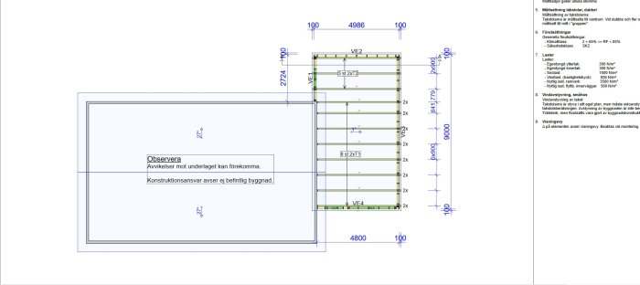 Arkitektritning av en byggnadsplan för garage med måttangivelser och konstruktionsdetaljer.