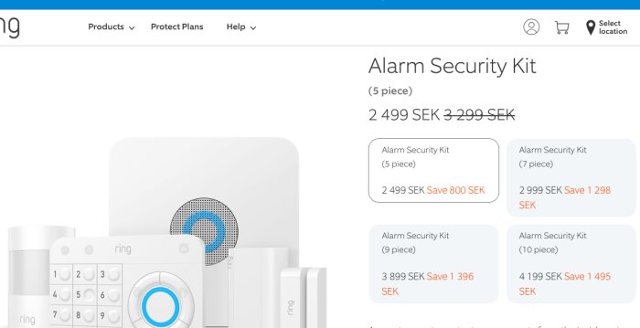 Ring Alarm Security Kit med 5 delar och prissänkning visas på en webbplats.