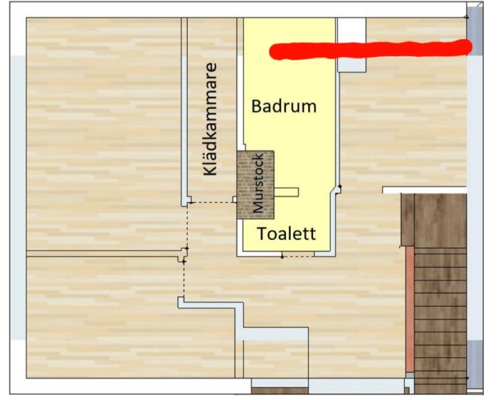 Planritning av husvåning med texturerad markering över badrummet som anger något på vinden ovanför.