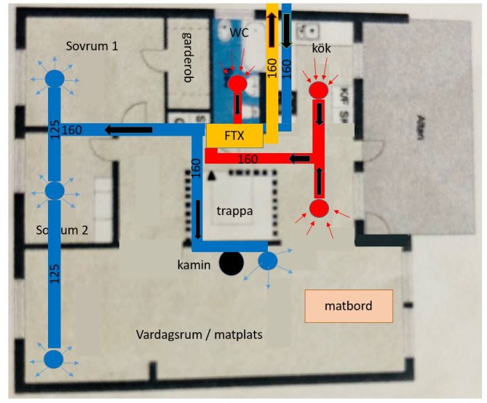 Planritning av en våning med markerade positioner för ventilation i vardagsrum, kök och potentiell placering vid kamin.