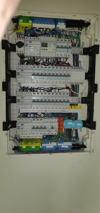 Nyligen installerad elcentral med ordnat kabeldragning och säkringar.