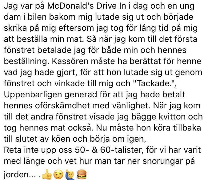 Skärmdump av ett Facebook-inlägg om en person som betalade för någon annans mat vid McDonald's Drive In.