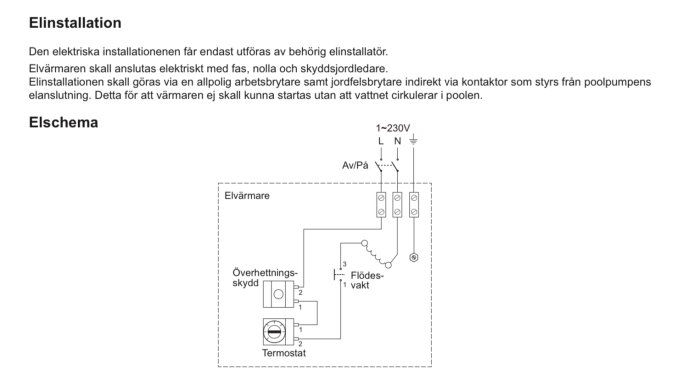 Elschema för anslutning av poolvärmare, överhettningsskydd och flödesvakt med märkningar för fas, nolla och jord.