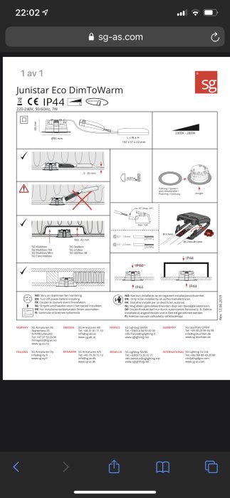 Installationsmanual för Junistar Eco DimToWarm spotlights med måttangivelser, installationsinstruktioner och IP44-klassificering.