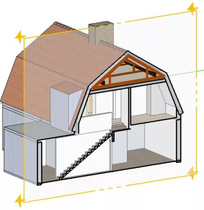 3D-modell av en hussektion som visar takstolar och stödben på vinden med markerad trappa och pelare.