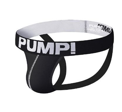 Svart och vit jockstrap med märkeslogotypen "PUMP!" på resåren.