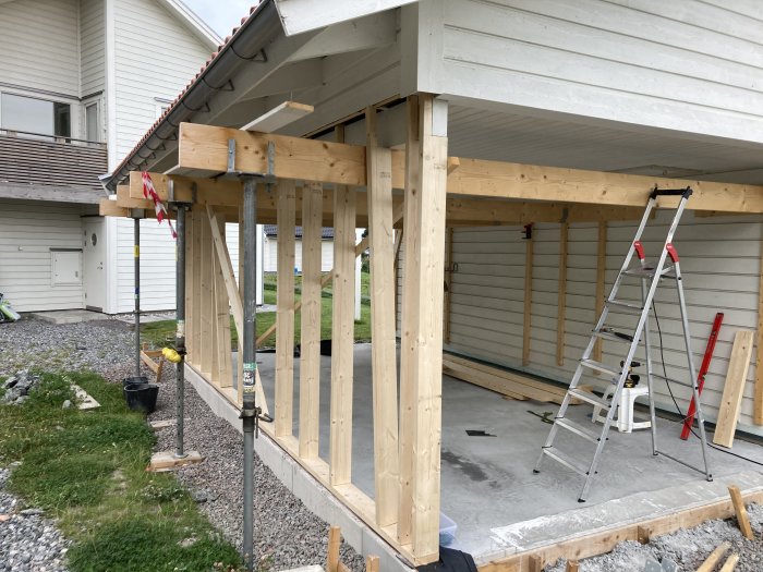 Pågående arbete med att regla upp en väggstruktur under en husförlängning, med verktyg och stege synliga.