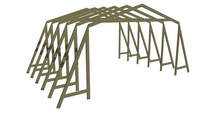 Illustrasjon av en takstolstruktur med brutet tak, sett fra siden i et tredimensjonalt perspektiv.