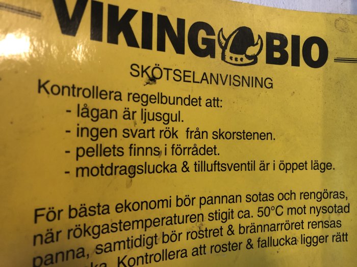 Instruktioner för skötsel av VIKING BIO panna med hänvisning till motdragslucka och tilluftsventil.