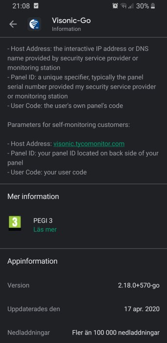 Skärmdump av Visonic-Go appinformation med inställningar för hostadress, panel-ID och användarkod.