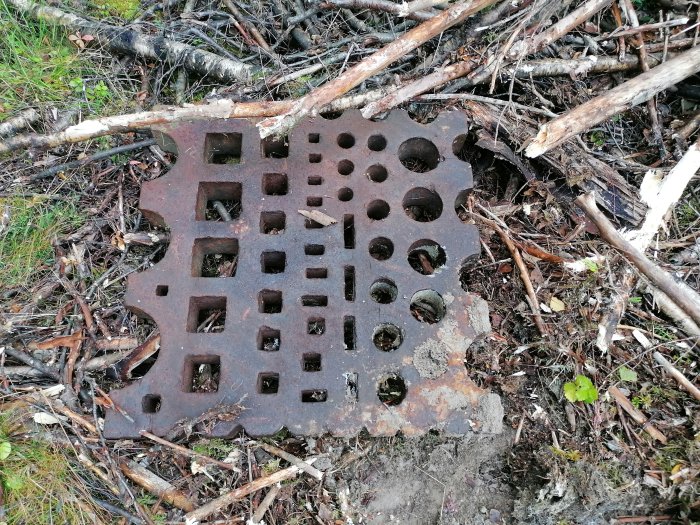 Gammal rostig lockplatta med kvadratiska och cirkulära hål ligger bland kvistar på marken.