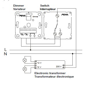 Schematisk anslutningsdiagram för dimmer och strömbrytare med märkningar och elektronisk transformator.