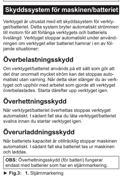 Skärmdump av text om skyddssystem för maskiner/batterier, inklusive överbelastningsskydd och överhettningsskydd.