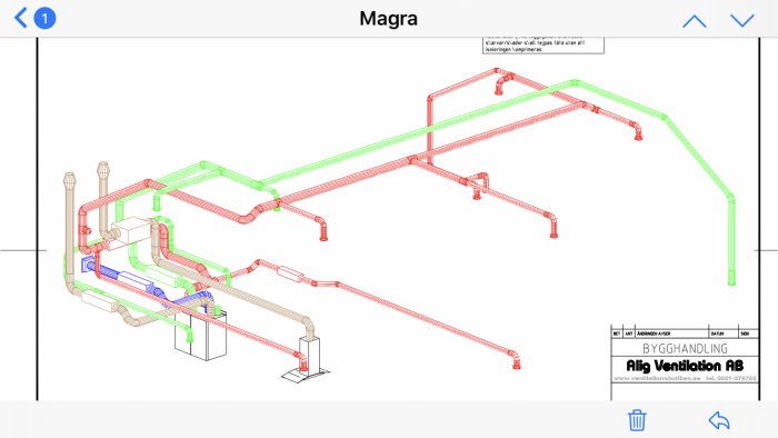 3D-ritning av husets ventilationssystem med dimensioner och färgkodade rörvägar.