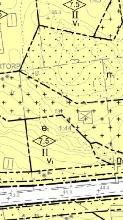 Del av en tomtkarta som visar höjdkurvor och planerade strukturer på en 1760 kvm stor fastighet.