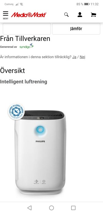 Philips luftrenare i vit design med Allergimärkning och belyst logotyp.