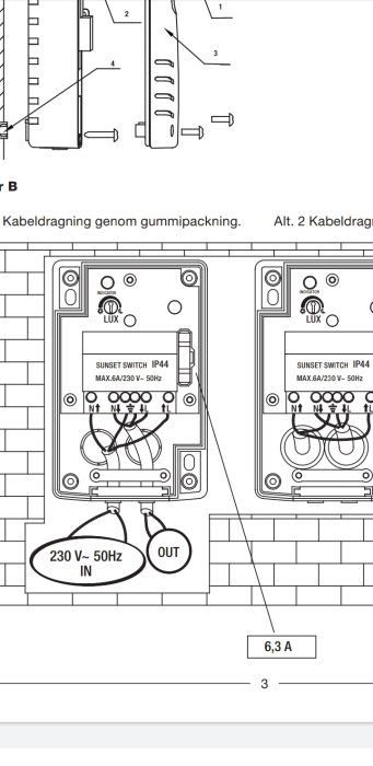 Teknisk ritning av skymningsreläinstallation med tydlig märkning av kabelanslutningar.