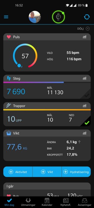 Skärmdump av aktivitetsapp med synkad träningsdata som visar puls, steg, trappor och vikt.
