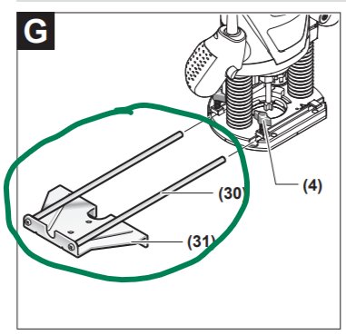 Illustration av montering av överhandsfräs på fräsbord med markerade delar och numrering.