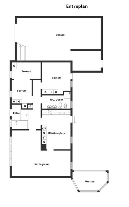 Planritning av husets entréplan med öppen planlösning mellan kök och vardagsrum.