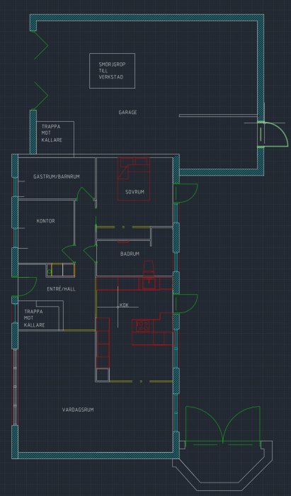 Planritning över ett hus med markerade ändringar där väggar tagits bort för öppen planlösning mellan kök och vardagsrum.