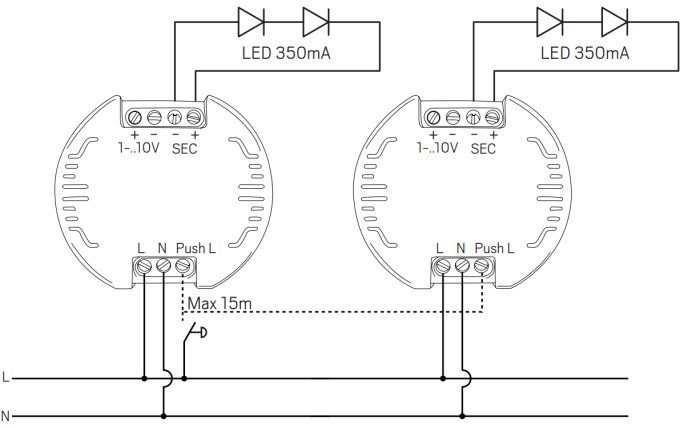 Schematisk illustration av koppling för två LED-drivdon med 350 mA, ej via strömbrytare.