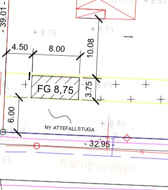 Ritning som visar måtten för en ny Attefallsstuga i förhållande till Karupsvägen, med höjd- och längdmärkningar.