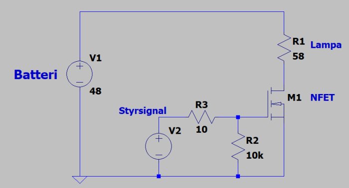 Elektriskt kopplingsschema med ett batteri, en FET, resistanser och en lampa som illustrerar en styrkrets.