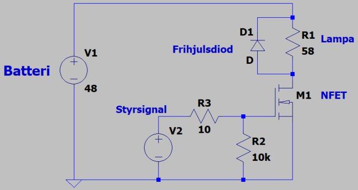 Elektriskt kretsschema med batteri, frihjulsdiod, NFET, lampa och styrkomponenter i LTspice.