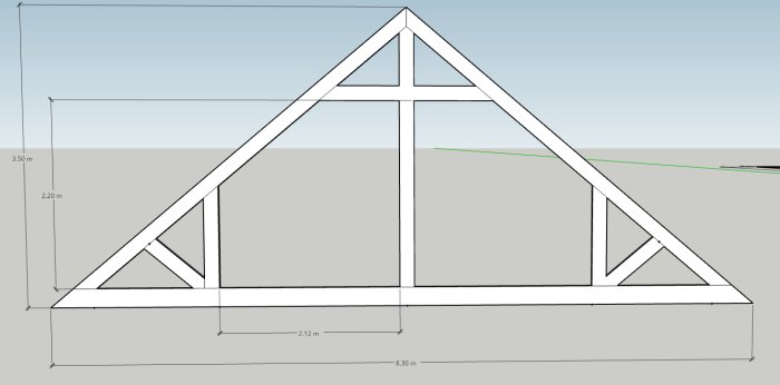 Skiss i SketchUp av en takstolskonstruktion med måttangivelser för ett planerat garage/förrådsbygge.