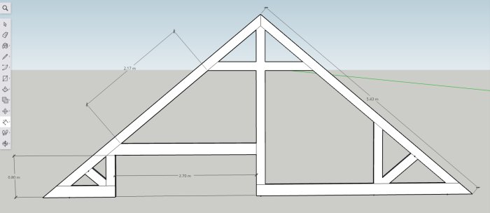 3D-skiss av en takstol för ett garage med måttangivelser för planering av konstruktion och utrymme.